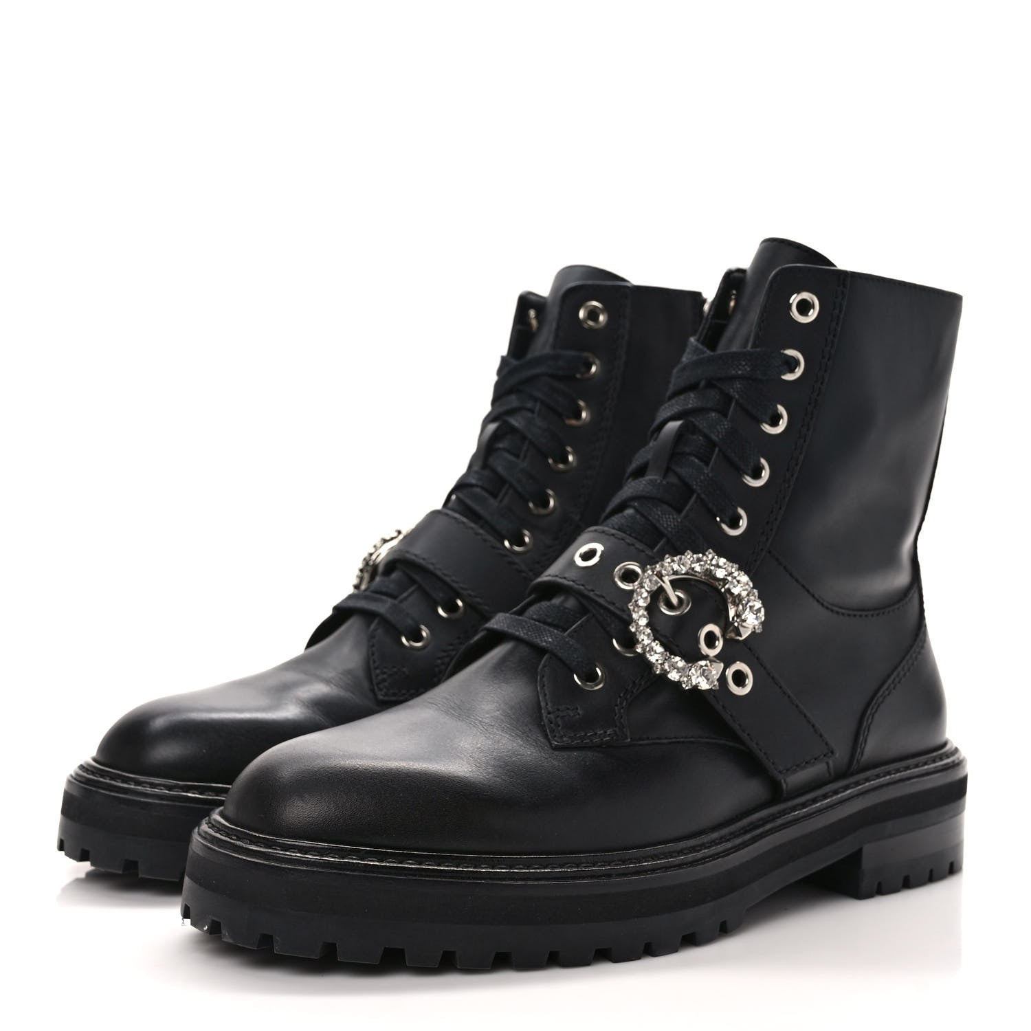 Jimmy Choo Calfskin Crystal Embellished Cora Flat Combat Boots 40 Black 3 of 7