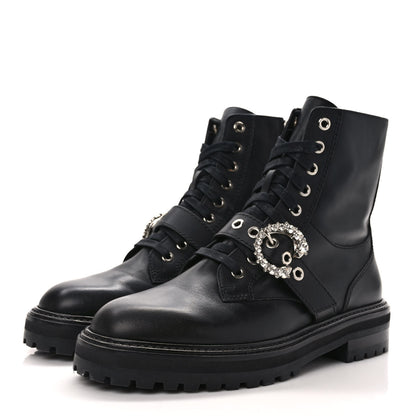 Jimmy Choo Calfskin Crystal Embellished Cora Flat Combat Boots 40 Black 3 of 7