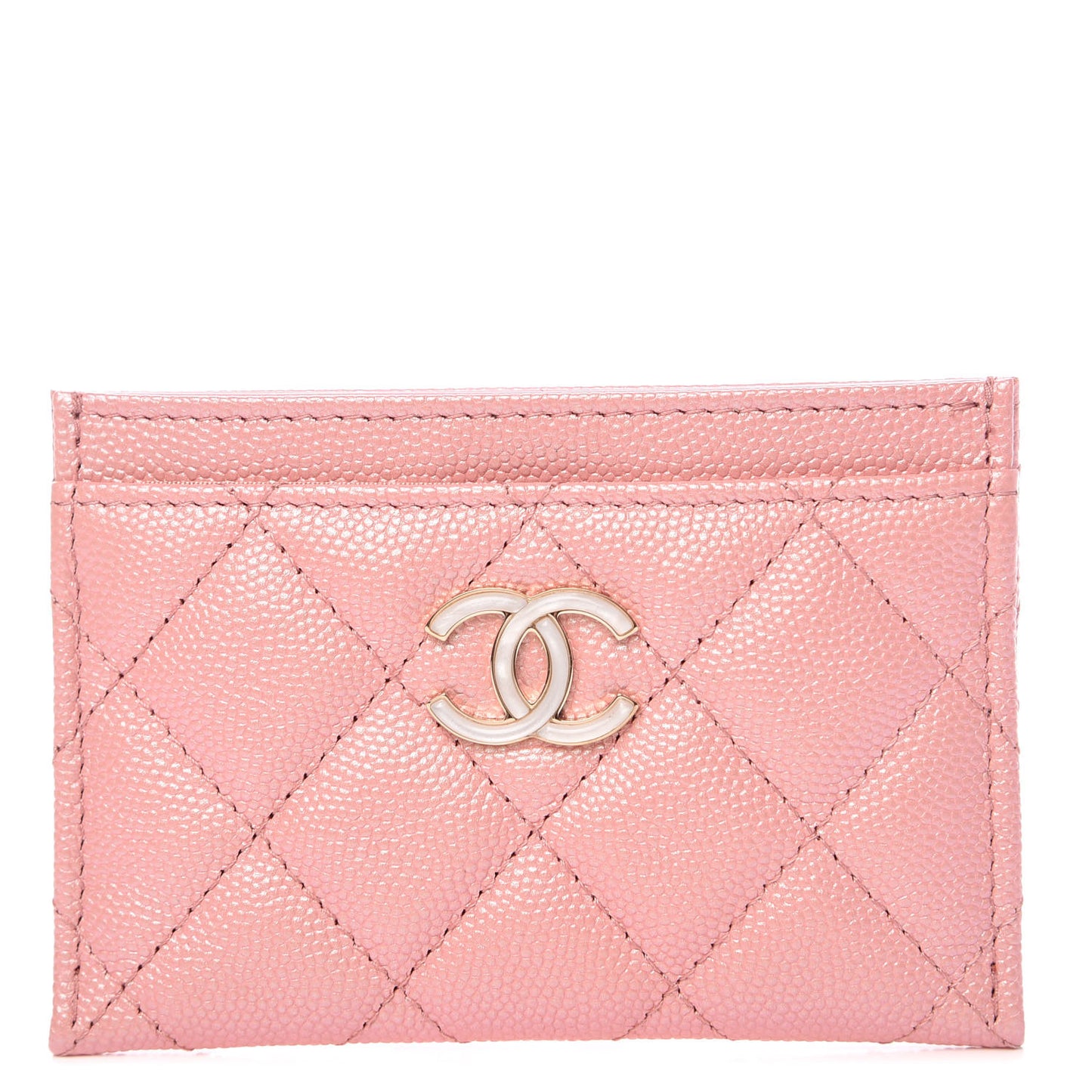 Iridescent Caviar Quilted Card Holder Pink