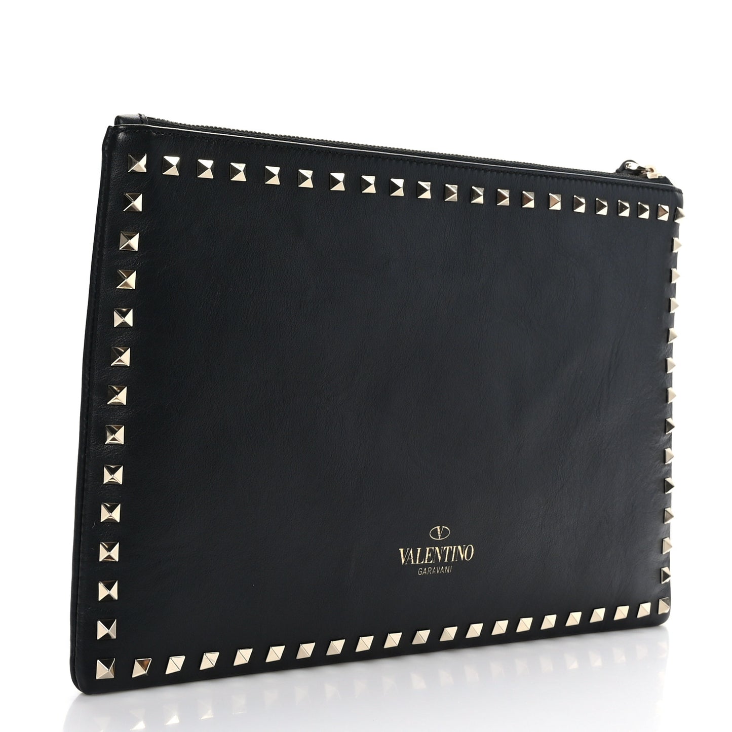 Vitello Large Rockstud Zip Wristlet Pouch Black