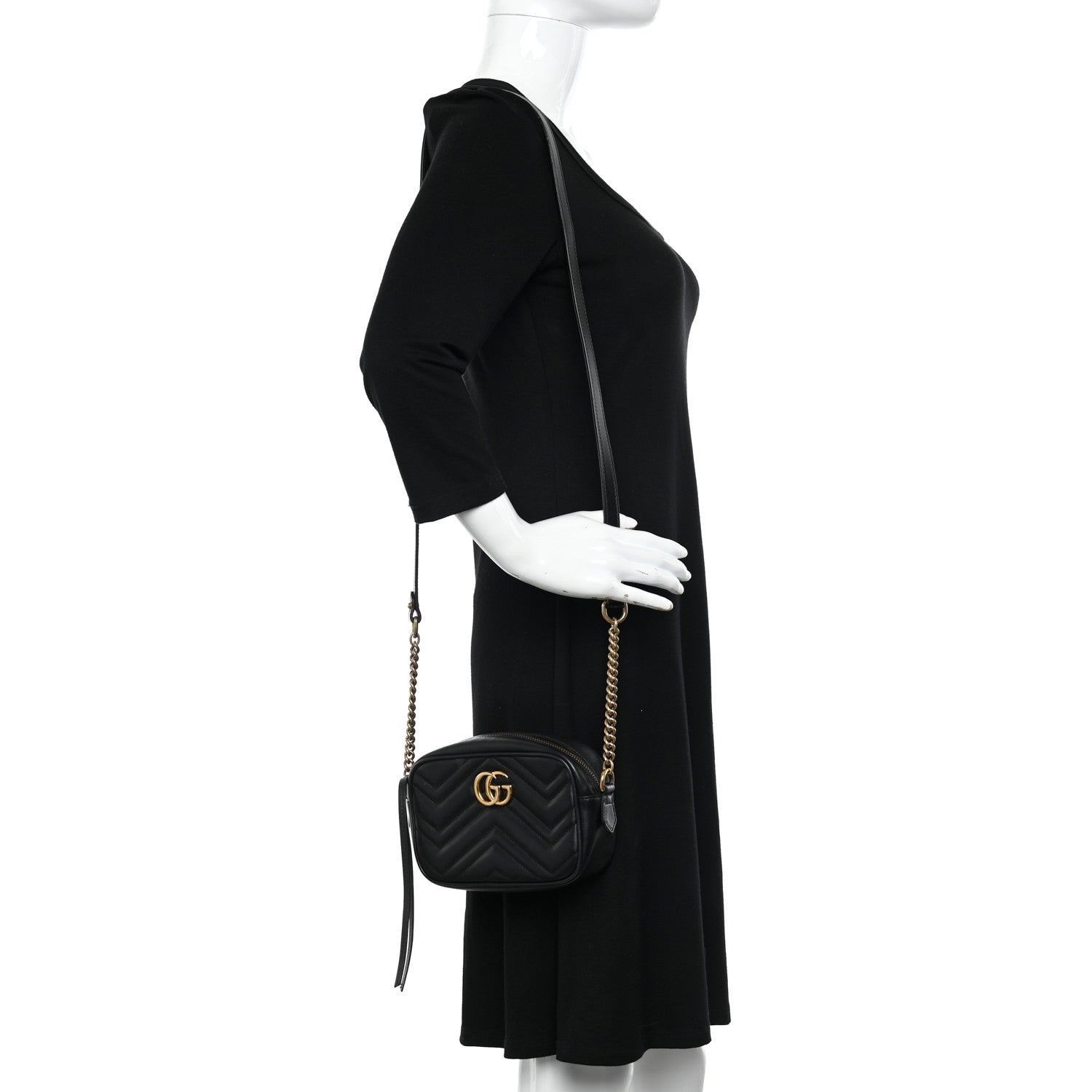 Gucci Calfskin Matelasse Mini GG Marmont Chain Shoulder Bag Black 2 of 13