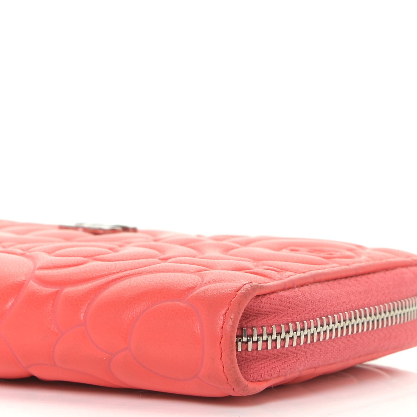 Lambskin Camellia Embossed Small Zip Around Wallet Coral