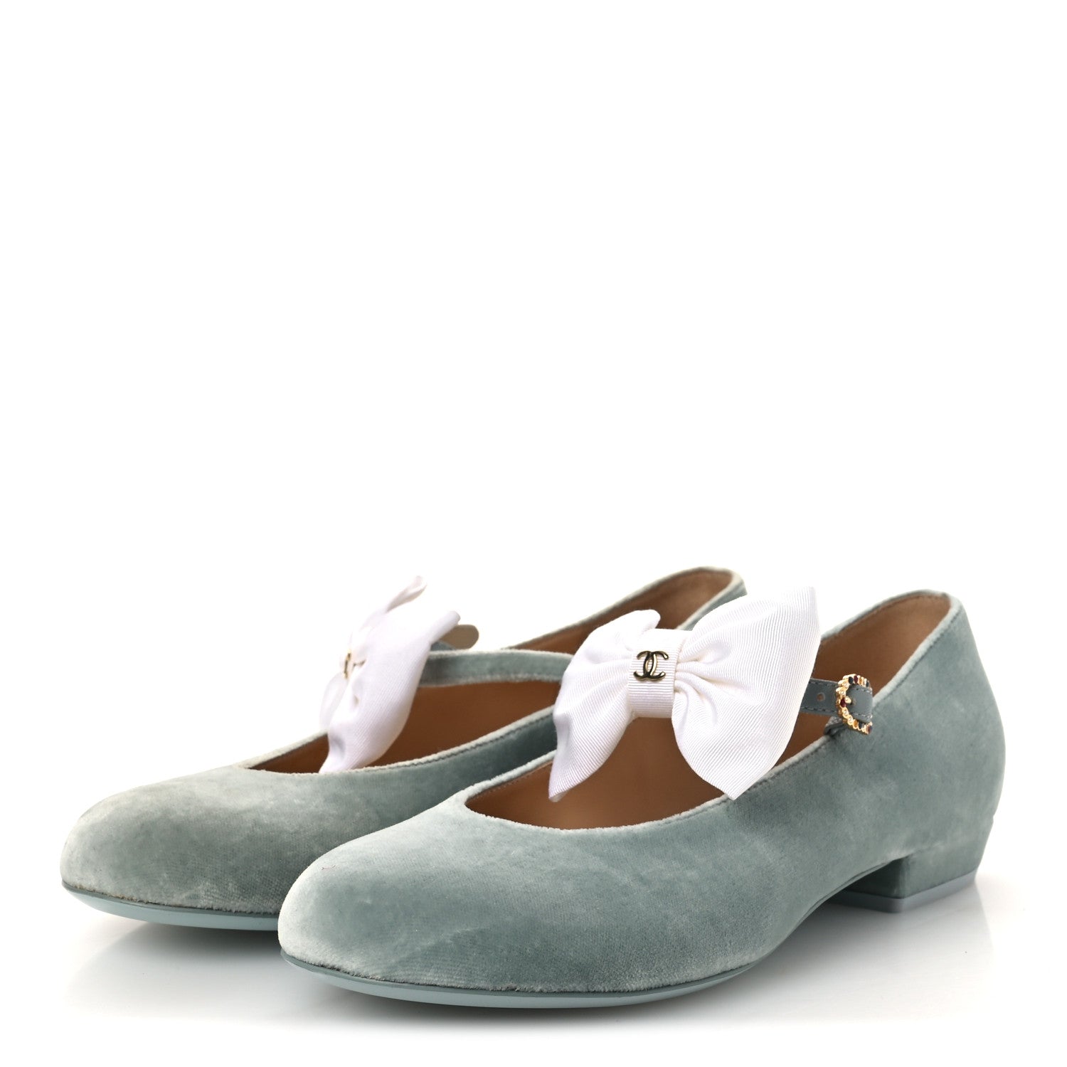 Chanel Velvet Grosgrain Bow Mary Jane Flats 37.5 Light Green White 4 of 11