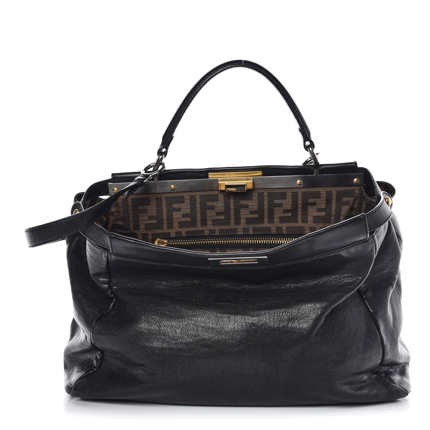 Fendi Goatskin Zucca Large Peekaboo Iconic Satchel Black Tobacco 1 of 20