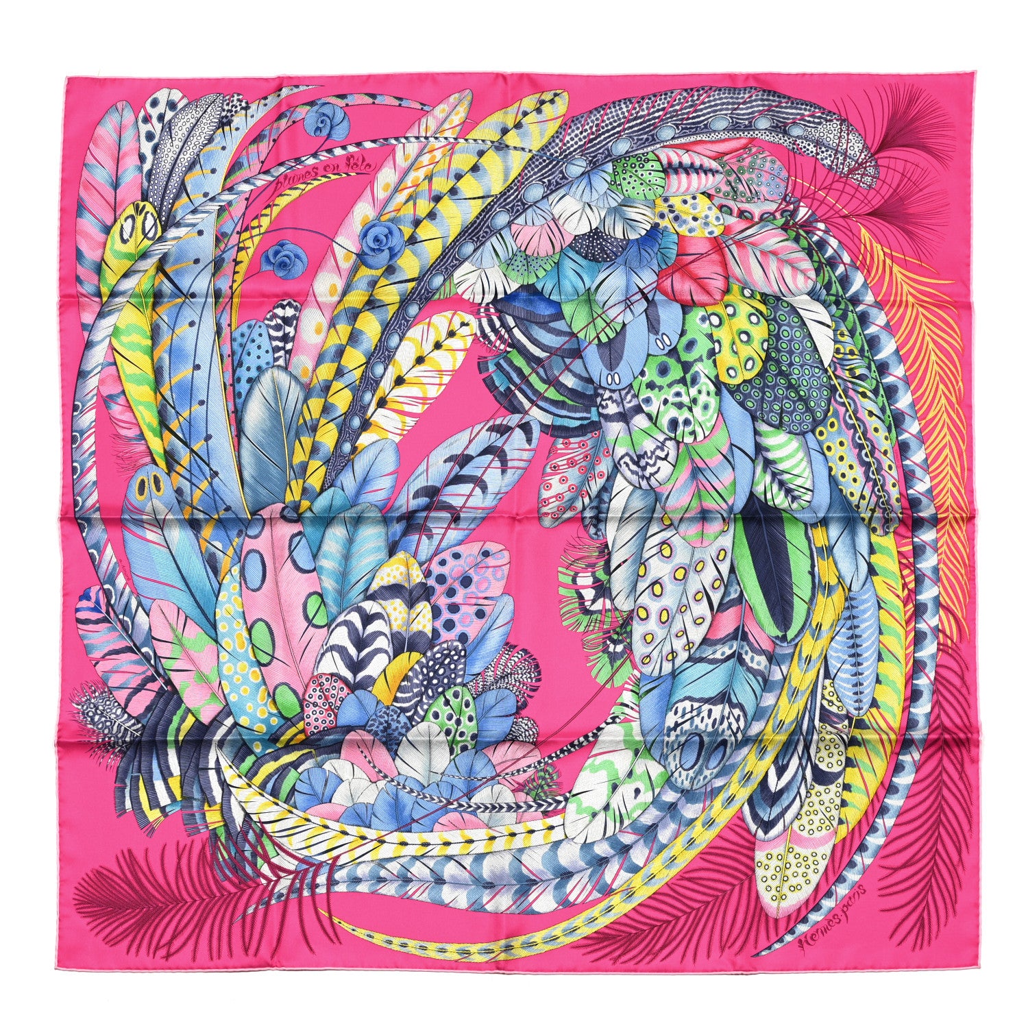 Hermes Silk Plumes En Fete Scarf 90 Rose Vif Bleu Vert 1 of 3