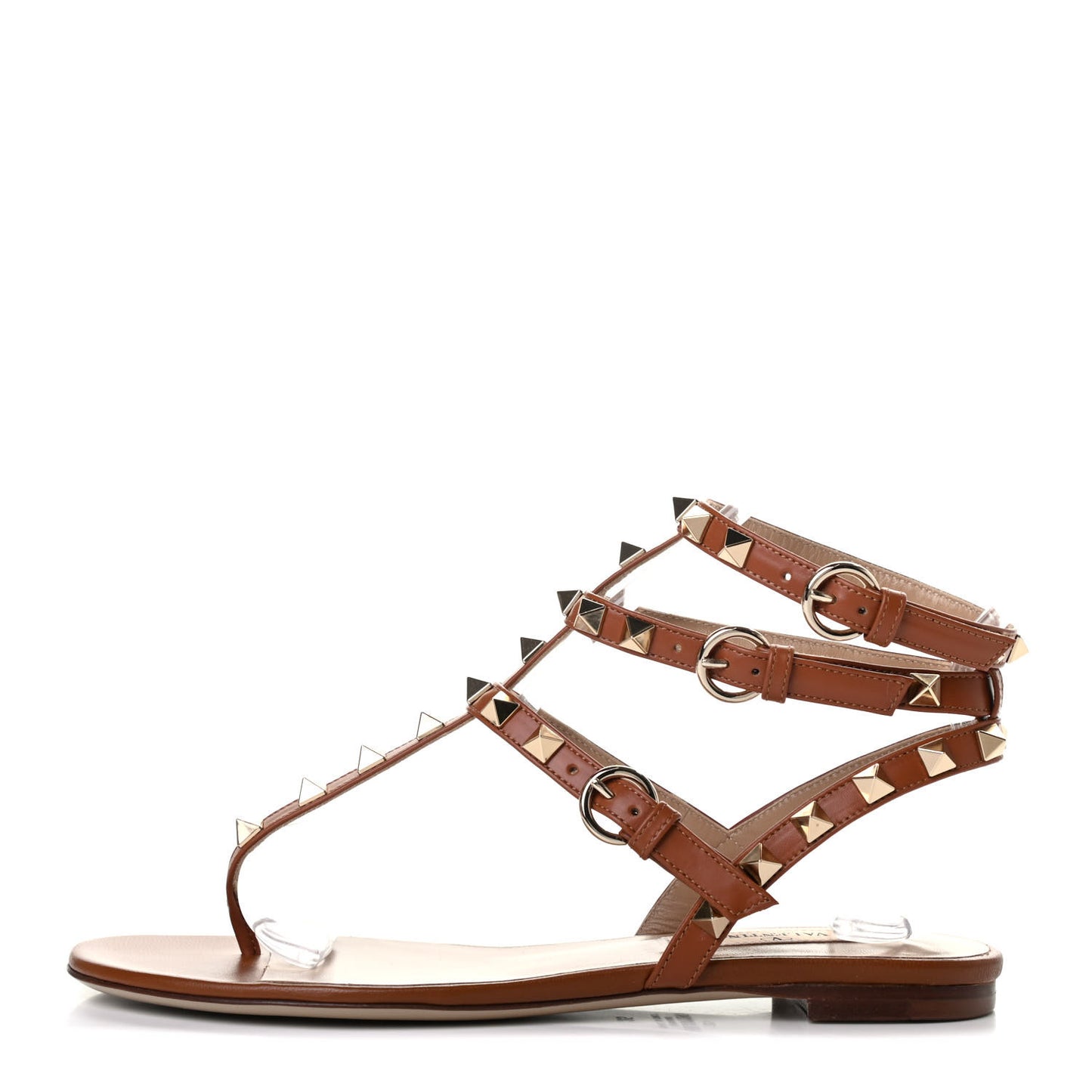 Calfskin Rockstud Ankle Wrap Flat Thong Sandals 35 Saddle Brown