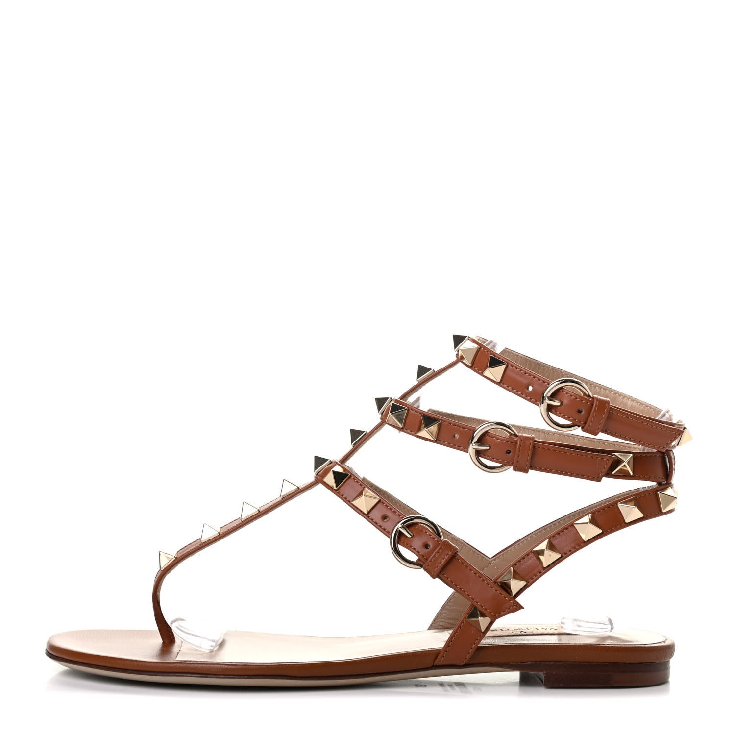 Valentino Garavani Calfskin Rockstud Ankle Wrap Flat Thong Sandals 35 Saddle Brown 1 of 4