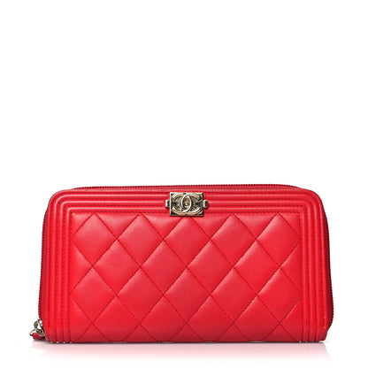 Chanel Lambskin Quilted Boy Zip Around Wallet Red 1 of 8