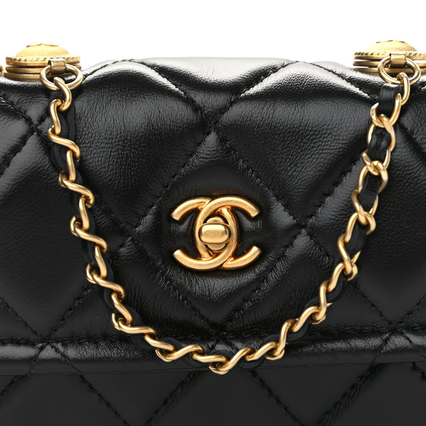 Shiny Lambskin Quilted Extra Mini Flap Black