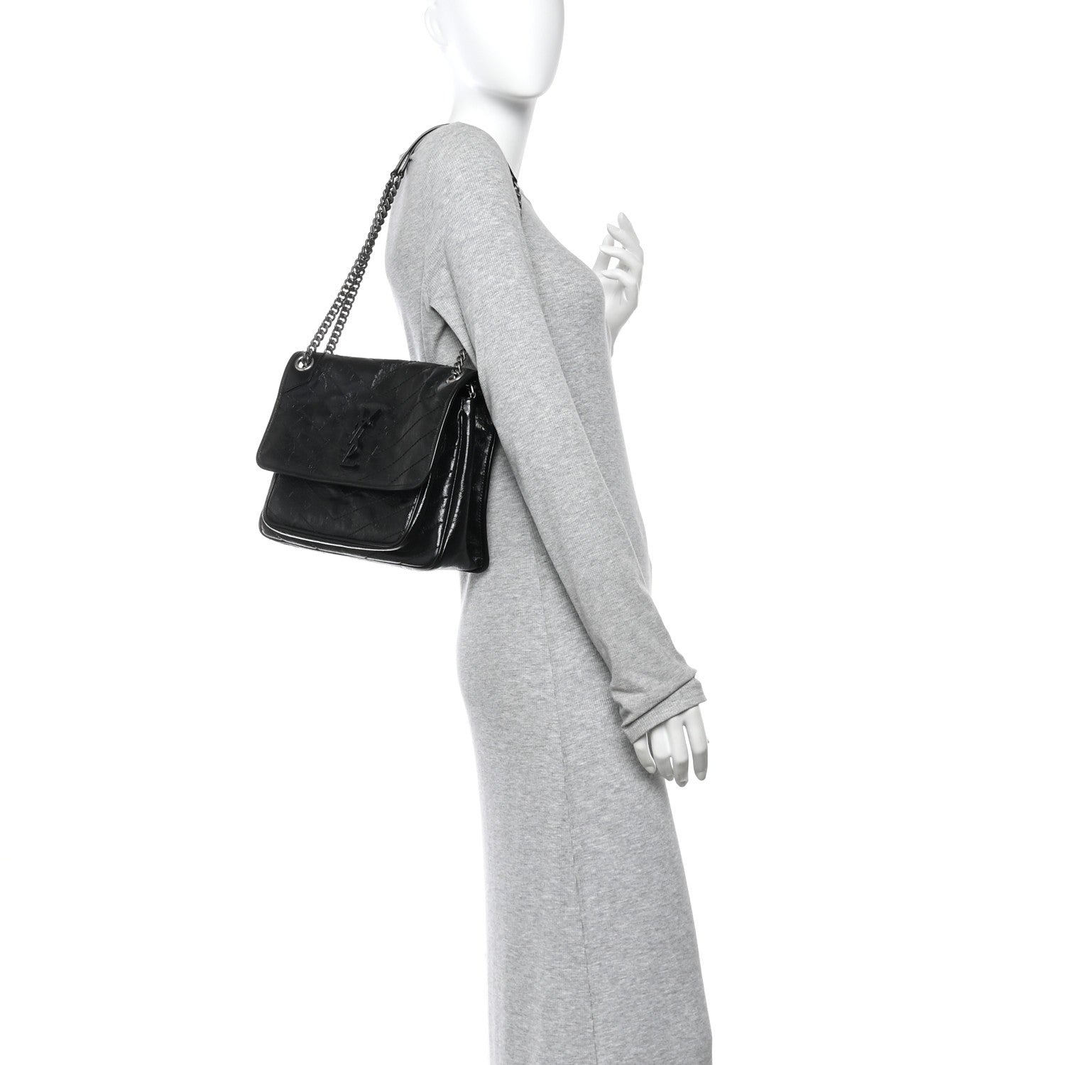Saint Laurent Crinkled Calfskin Matelasse Monogram Medium Niki Chain Satchel Black 2 of 10