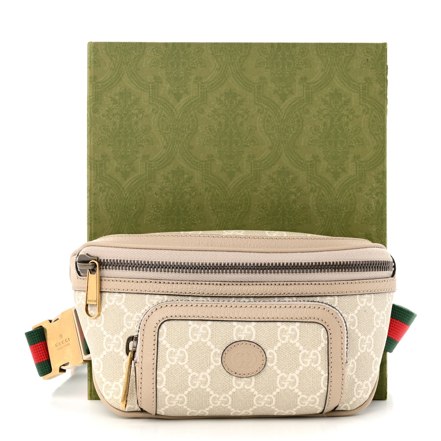GG Supreme Monogram Textured Calfskin Web Retro Interlocking G Belt Bag Beige Mystic White Oatmeal