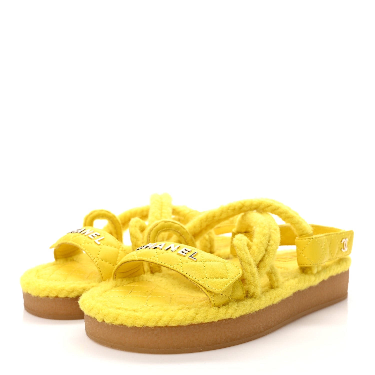Chanel Cord Lambskin Quilted Logo Sandals 37 Yellow 3 of 7