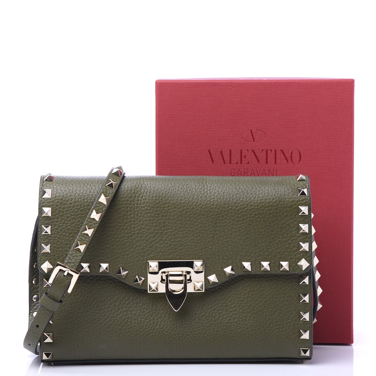 Pebbled Calfskin Medium Rockstud Flip Lock Crossbody Bag Army Green