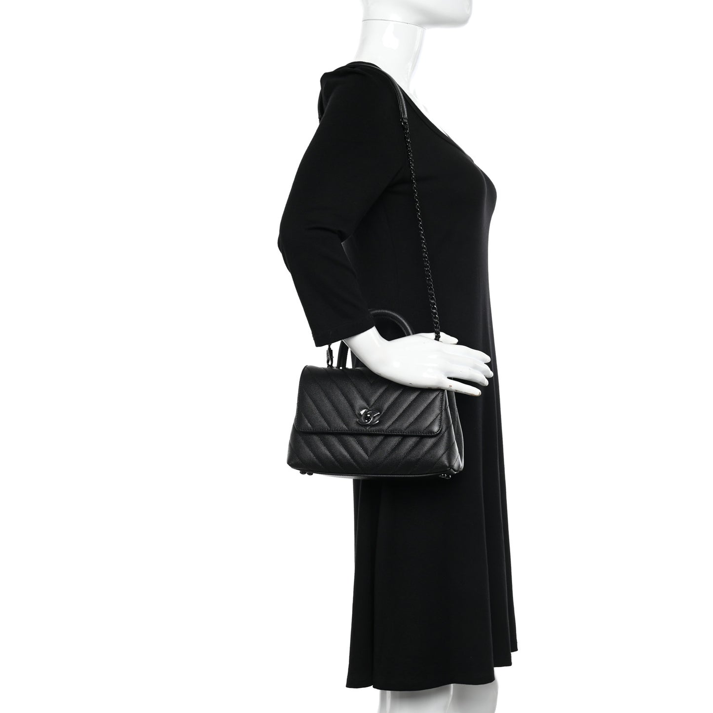 Caviar Chevron Quilted Mini Coco Handle Flap So Black