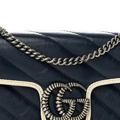Gucci Vintage Effect Calfskin Matelasse Diagonal Super Mini Torchon GG Marmont Shoulder Bag Blue Agata Mystic White 7 of 12