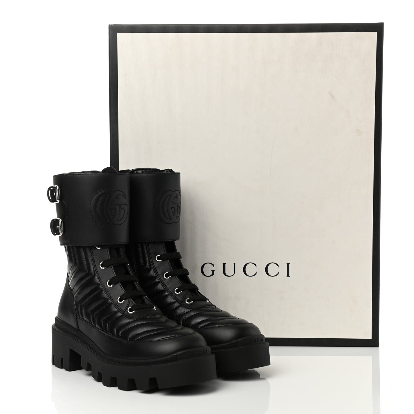 Nappa Frances GG Matelasse Platform Combat Boots 36 Black