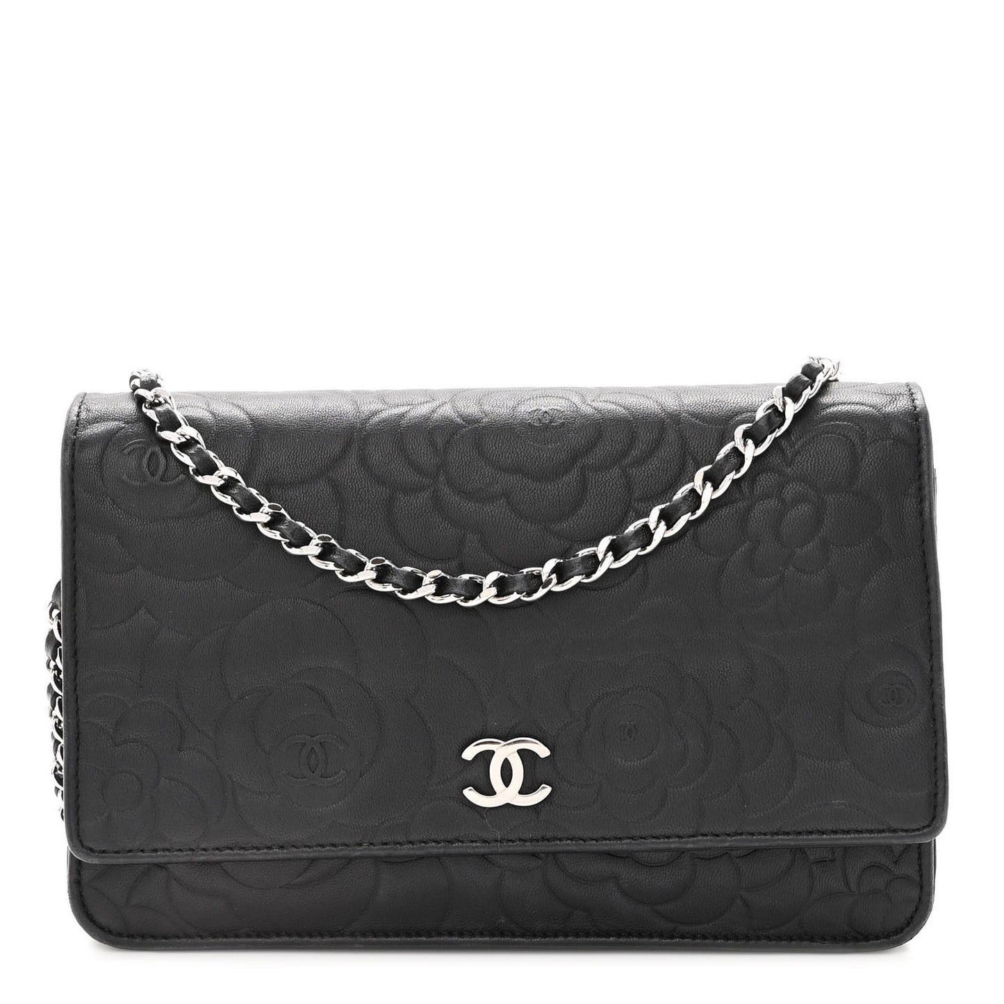 Lambskin Camellia Embossed Wallet on Chain WOC Black