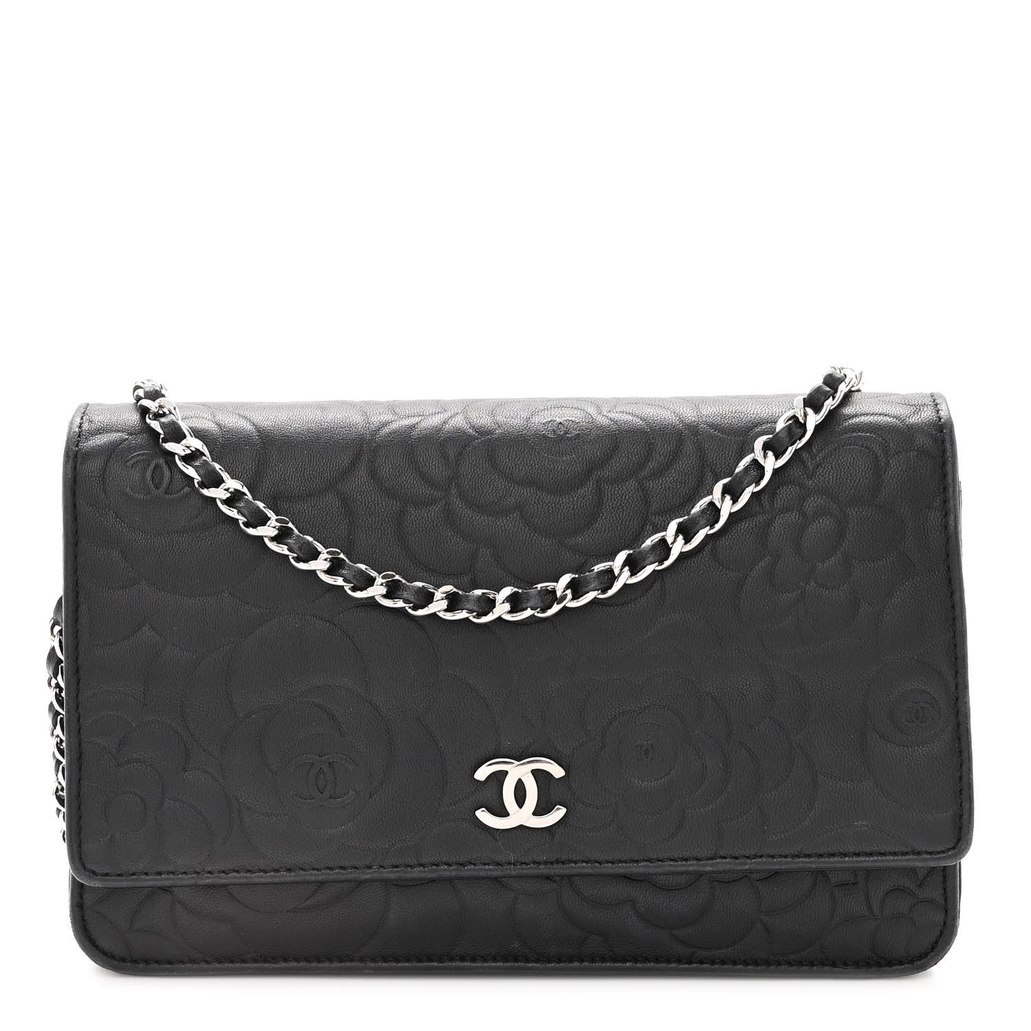 Chanel Lambskin Camellia Embossed Wallet on Chain WOC Black 1 of 12