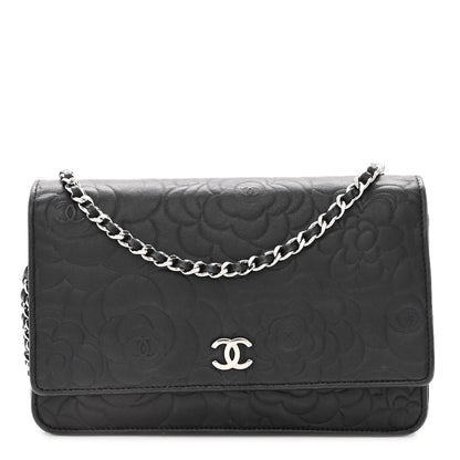Chanel Lambskin Camellia Embossed Wallet on Chain WOC Black 1 of 12
