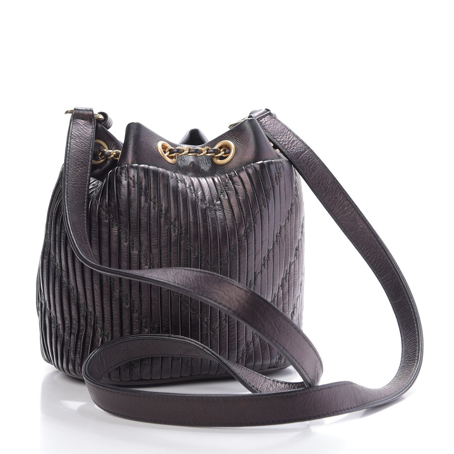 Iridescent Crumpled Calfskin Coco Pleats Small Drawstring Bag Black