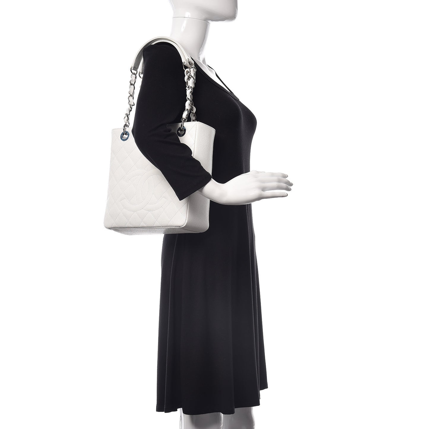Caviar Quilted Petit Shopping Tote PST White