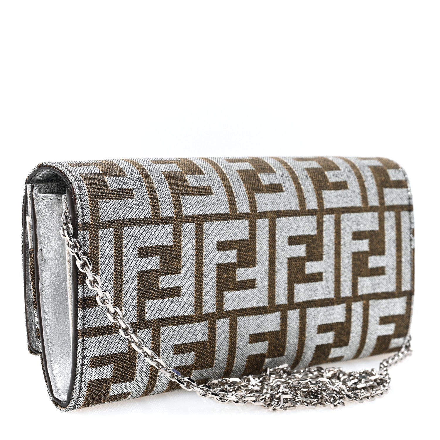 Fendi Fabric Jacquard FF 1974 Continental Wallet On Chain Ebano Argento 3 of 12