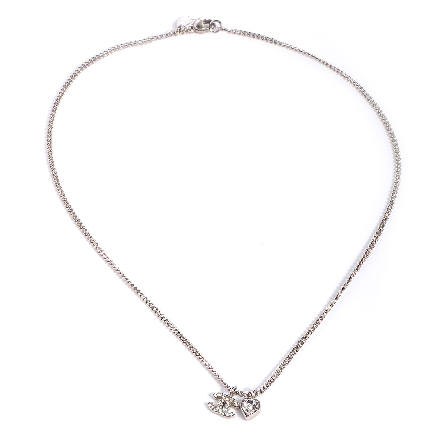 Chanel Crystal Mini Heart CC Necklace Silver 3 of 5