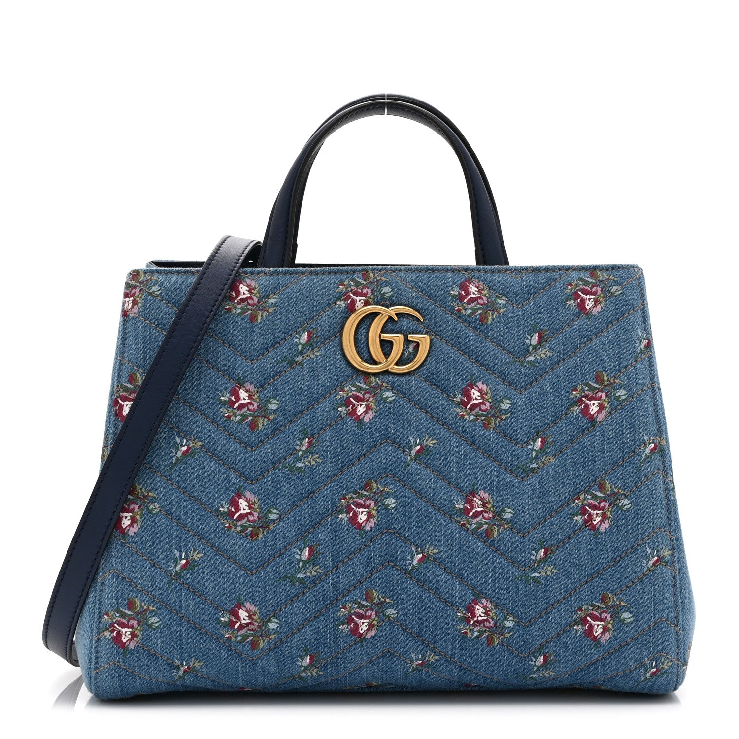 Gucci Denim Matelasse Flora Small GG Marmont Tote Blue 1 of 11