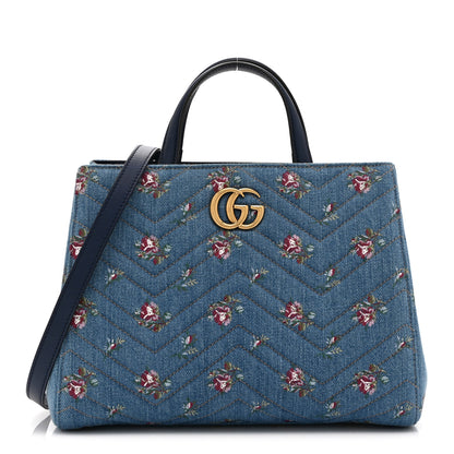 Gucci Denim Matelasse Flora Small GG Marmont Tote Blue 1 of 11