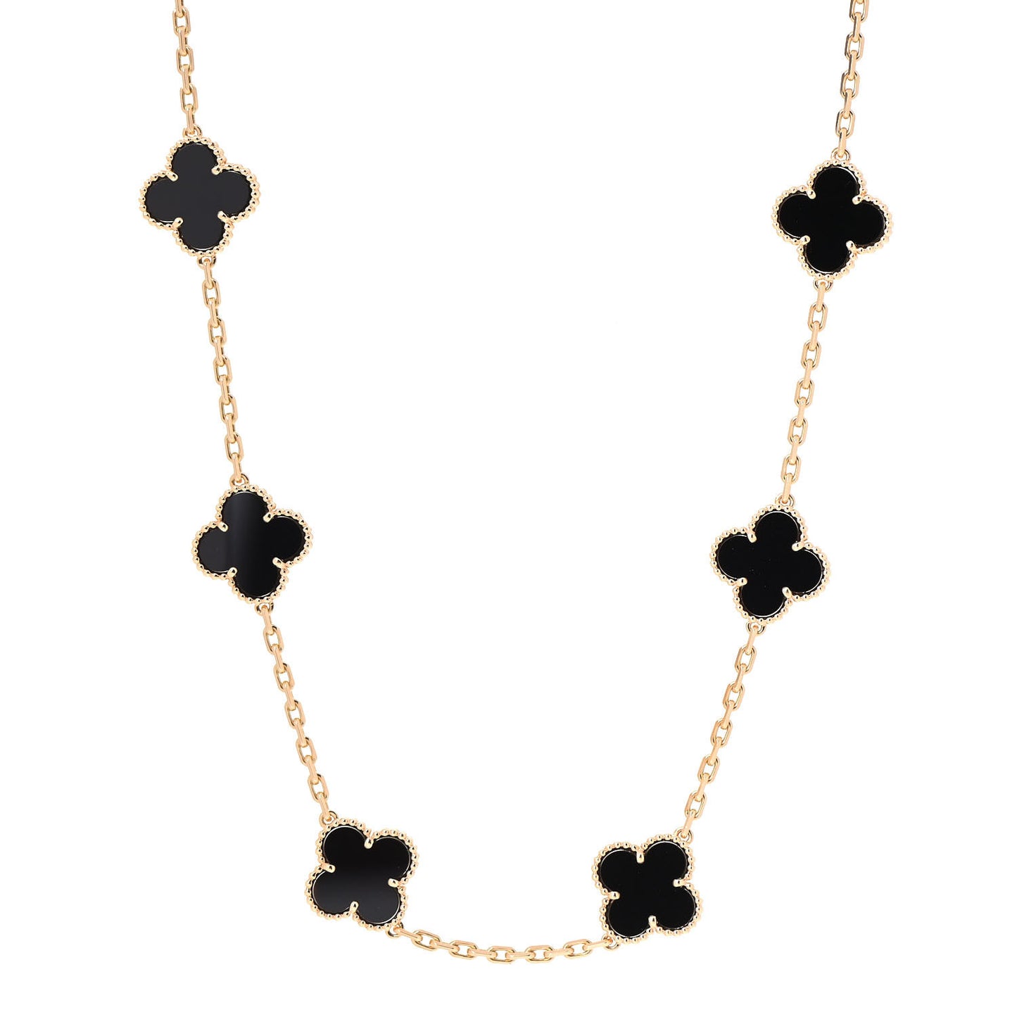 18K Yellow Gold Black Onyx 10 Motifs Vintage Alhambra Necklace