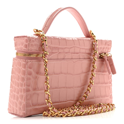 Chanel Calfskin Crocodile Embossed Crococo Top Handle Slim Vanity Case With Chain Pink 3 of 13