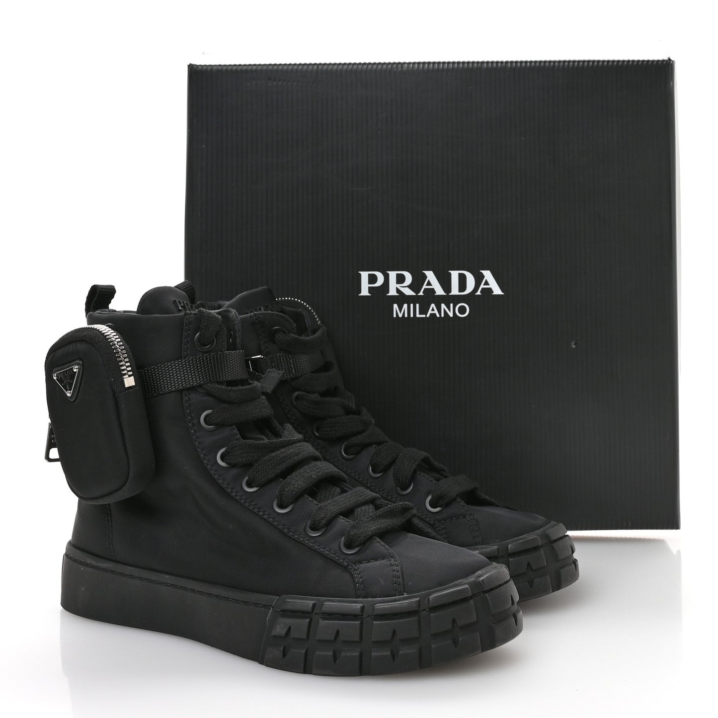 Re-Nylon Gabardine Triangle Womens Wheel Pouch Pocket High Top Sneakers 39 Black