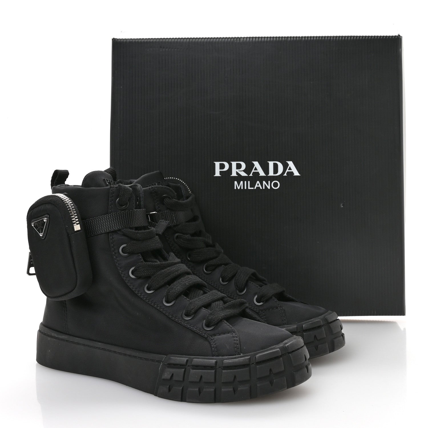 Prada Re-Nylon Gabardine Triangle Womens Wheel Pouch Pocket High Top Sneakers 39 Black 8 of 9