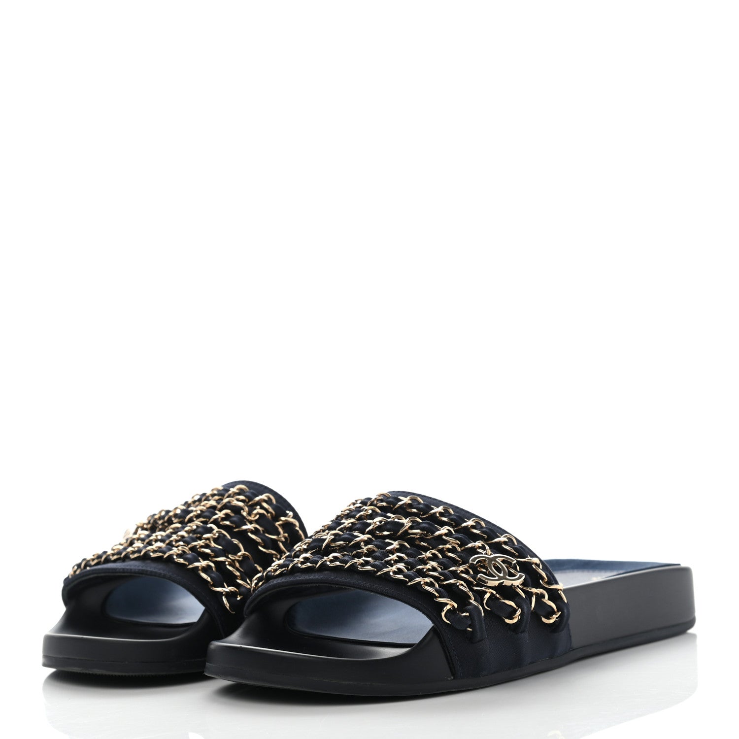 Chanel Satin Canvas Chain Slides Sandals Flats 35 Marine 3 of 9
