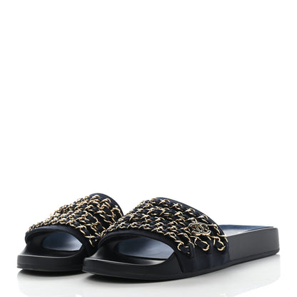 Chanel Satin Canvas Chain Slides Sandals Flats 35 Marine 3 of 9