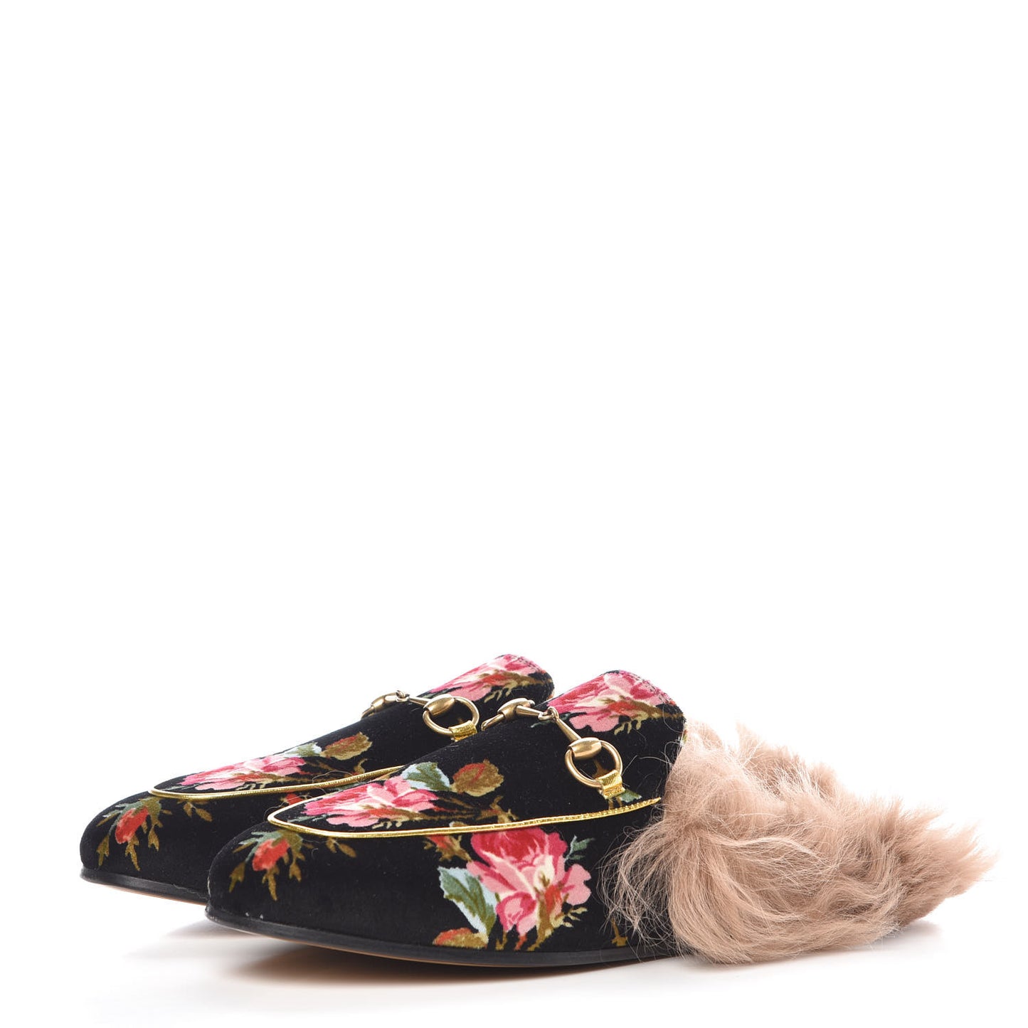 Velvet Fur Floral Womens Princetown Slippers 38.5 Black