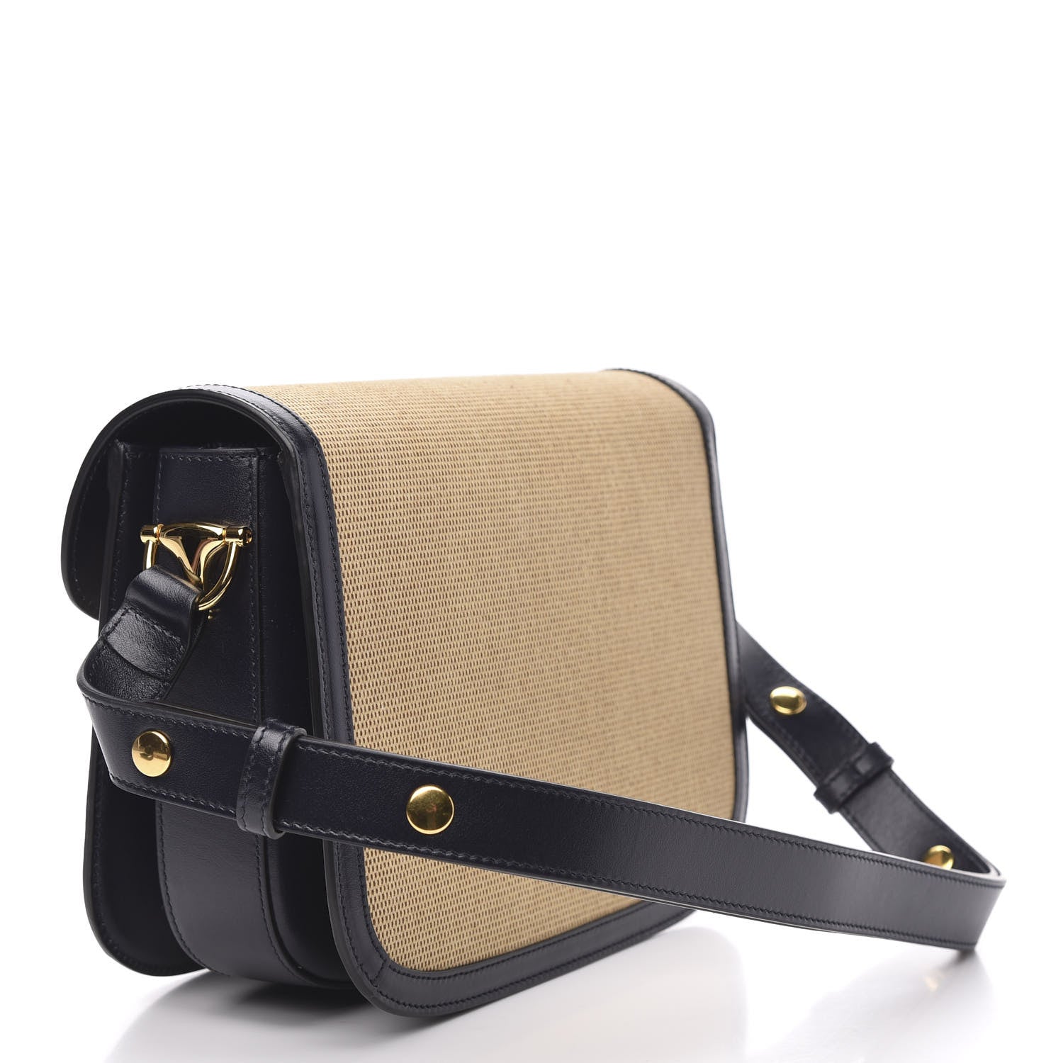 Gucci Vintage Rice Canvas Plutone Calfskin Horsebit 1955 Shoulder Bag Beige Black 3 of 9