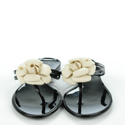 Chanel Jelly Camellia Thong Sandals 39 Black Ivory 2 of 7