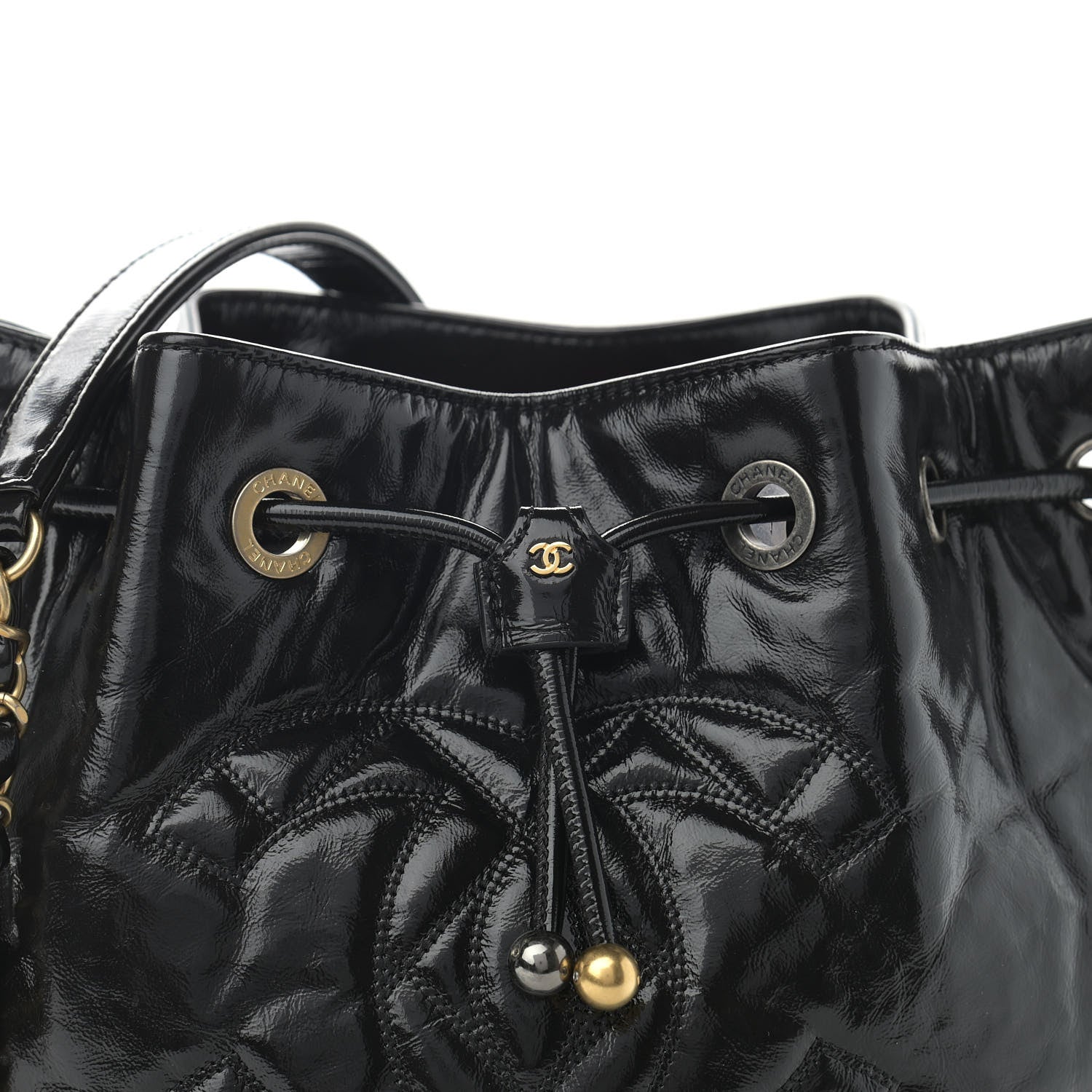 Chanel Shiny Aged Calfskin CC Chain Drawstring Bag Black 8 of 11