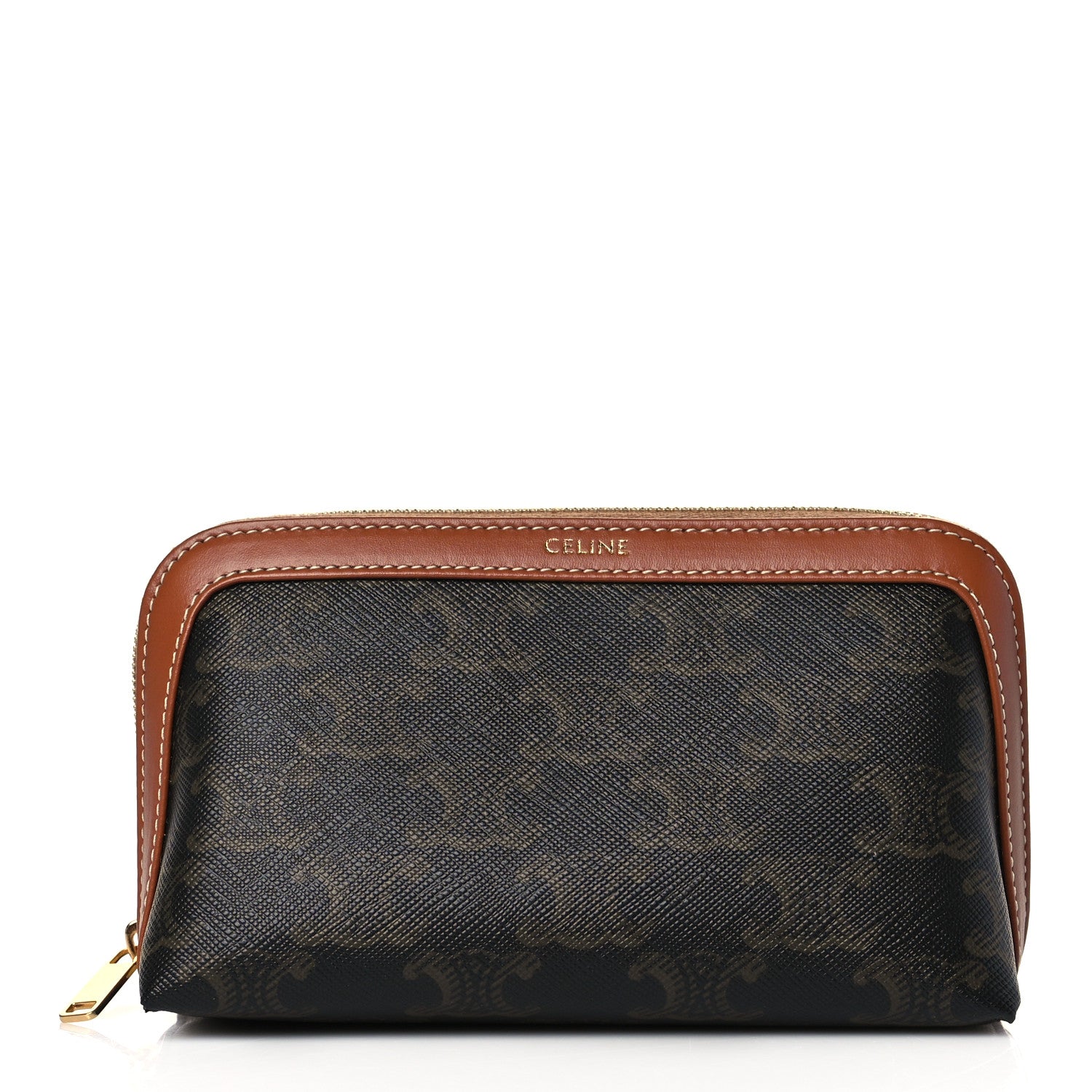 Celine Triomphe Canvas Calfskin Small Cosmetic Pouch Tan 1 of 11