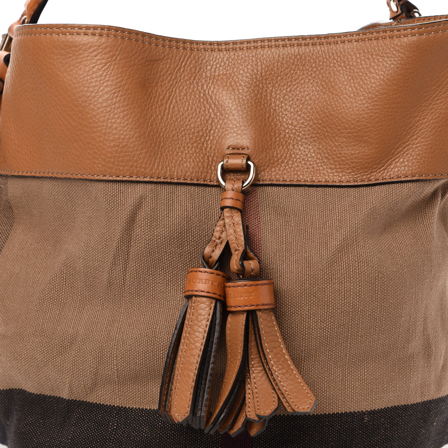 Grainy Calfskin Canvas Mega Check Medium Ashby Tassel Hobo Saddle Brown