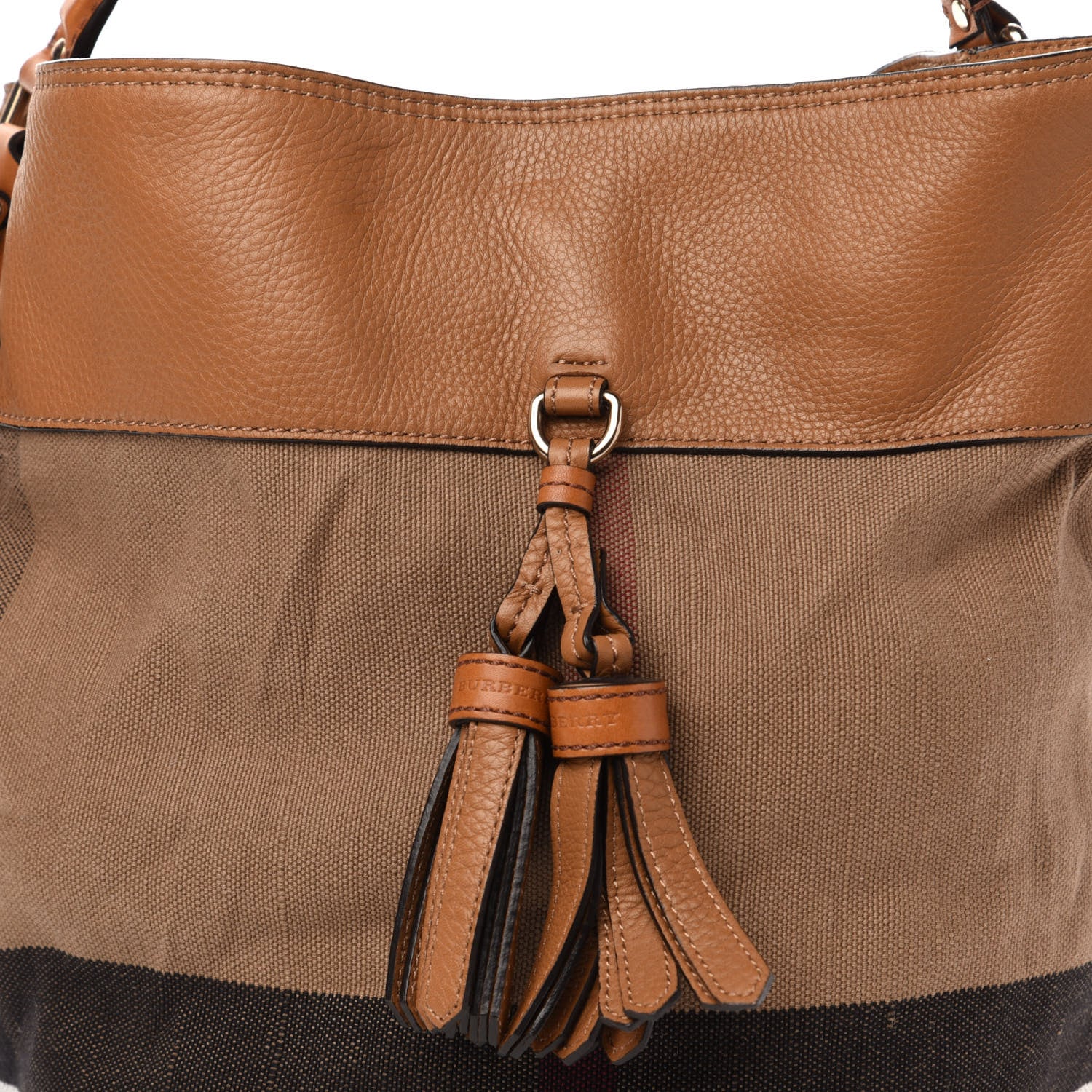 Burberry Grainy Calfskin Canvas Mega Check Medium Ashby Tassel Hobo Saddle Brown 12 of 12