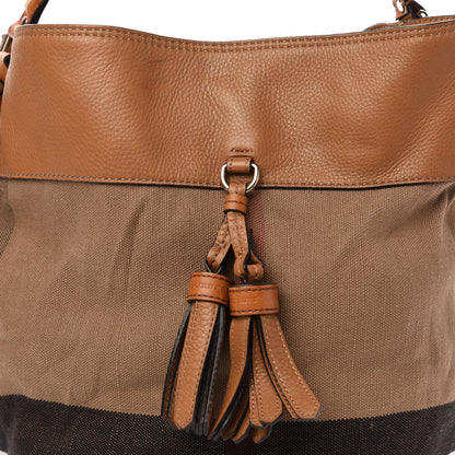 Burberry Grainy Calfskin Canvas Mega Check Medium Ashby Tassel Hobo Saddle Brown 12 of 12