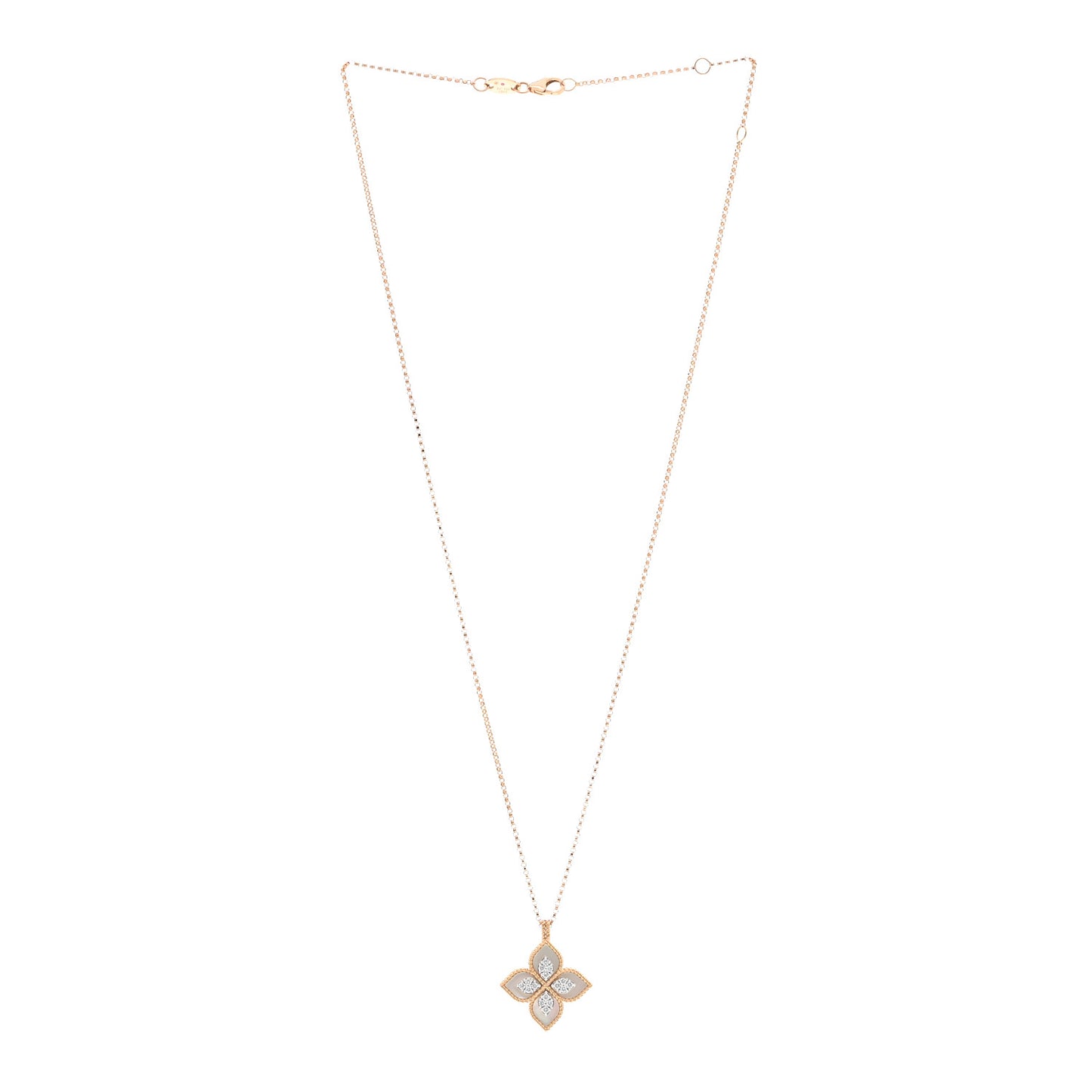 18K Rose White Gold Diamond Mother of Pearl Princess Flower Pendant Necklace