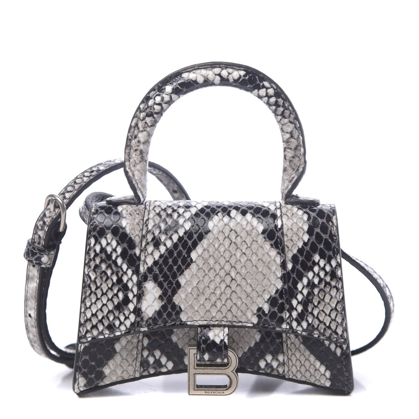 Shiny Calfskin Python Effect Hourglass Top Handle Bag Mini Black White