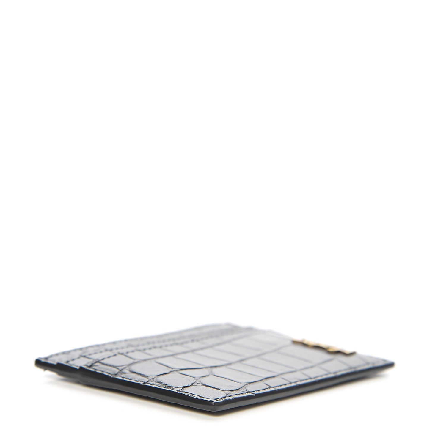 Saint Laurent Calfskin Crocodile Embossed Monogram Tiny Cassandra Credit Card Case Black 3 of 7
