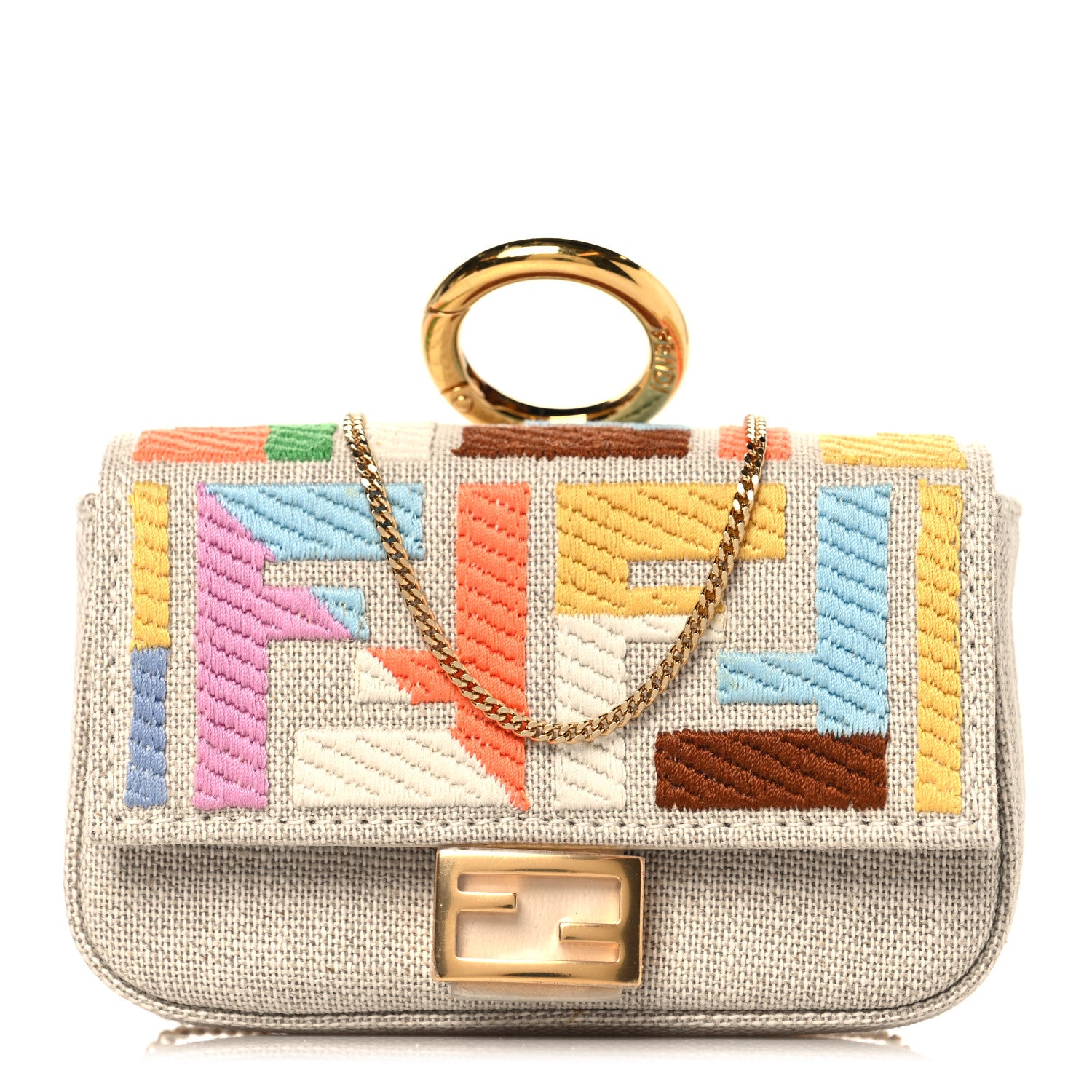 Fendi Kuban Canvas FF Embroidered Nano Baguette Charm Grezzo Multicolor 1 of 6