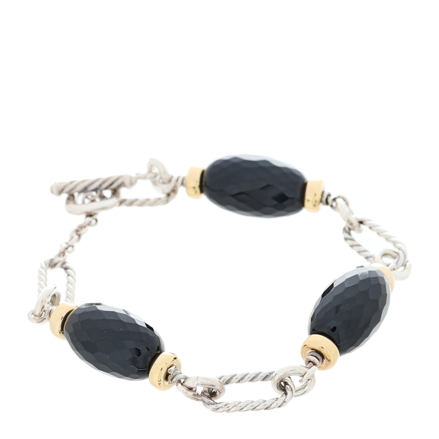 Sterling Silver 18K Yellow Gold Black Onyx Figaro Bracelet