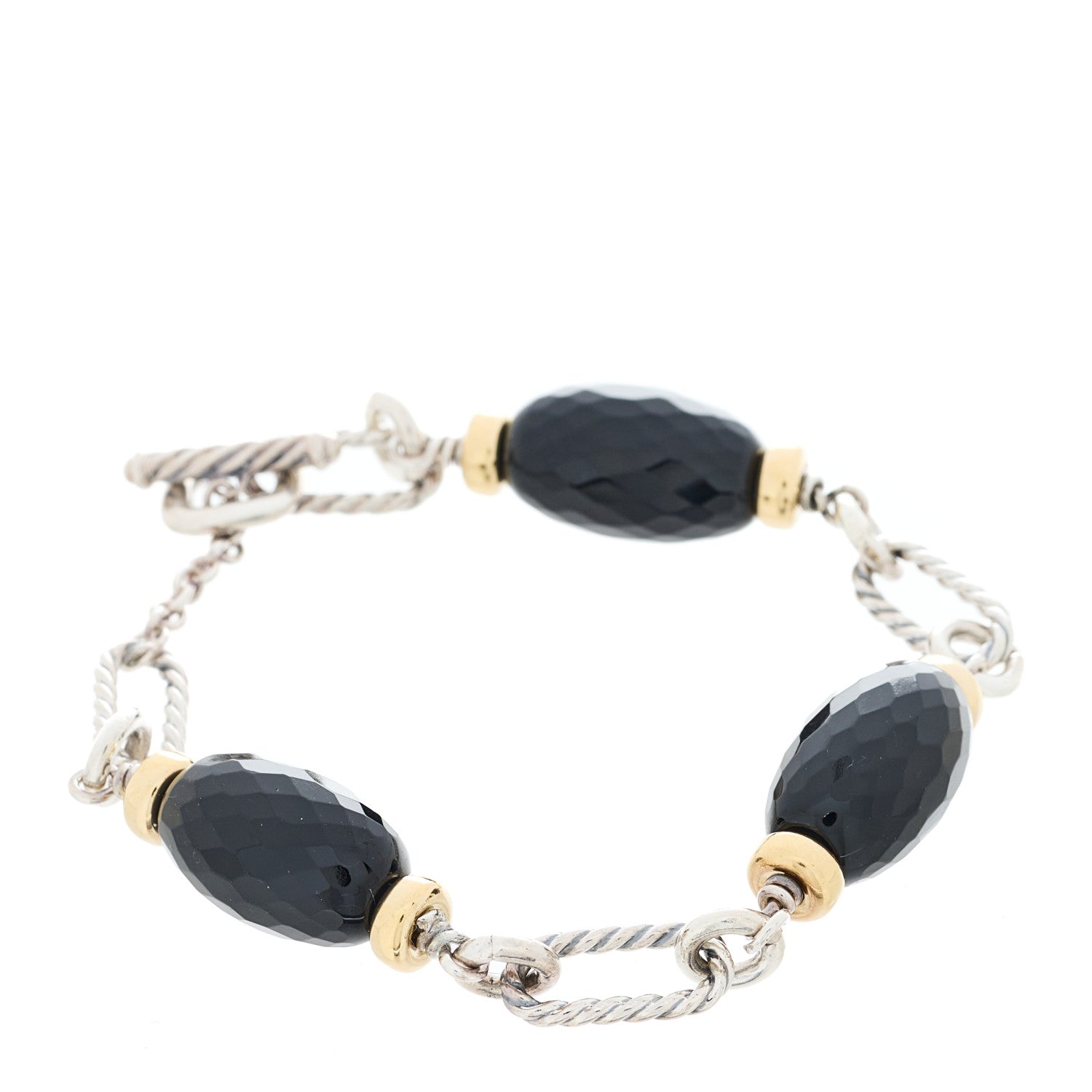 David Yurman Sterling Silver 18K Yellow Gold Black Onyx Figaro Bracelet 1 of 3