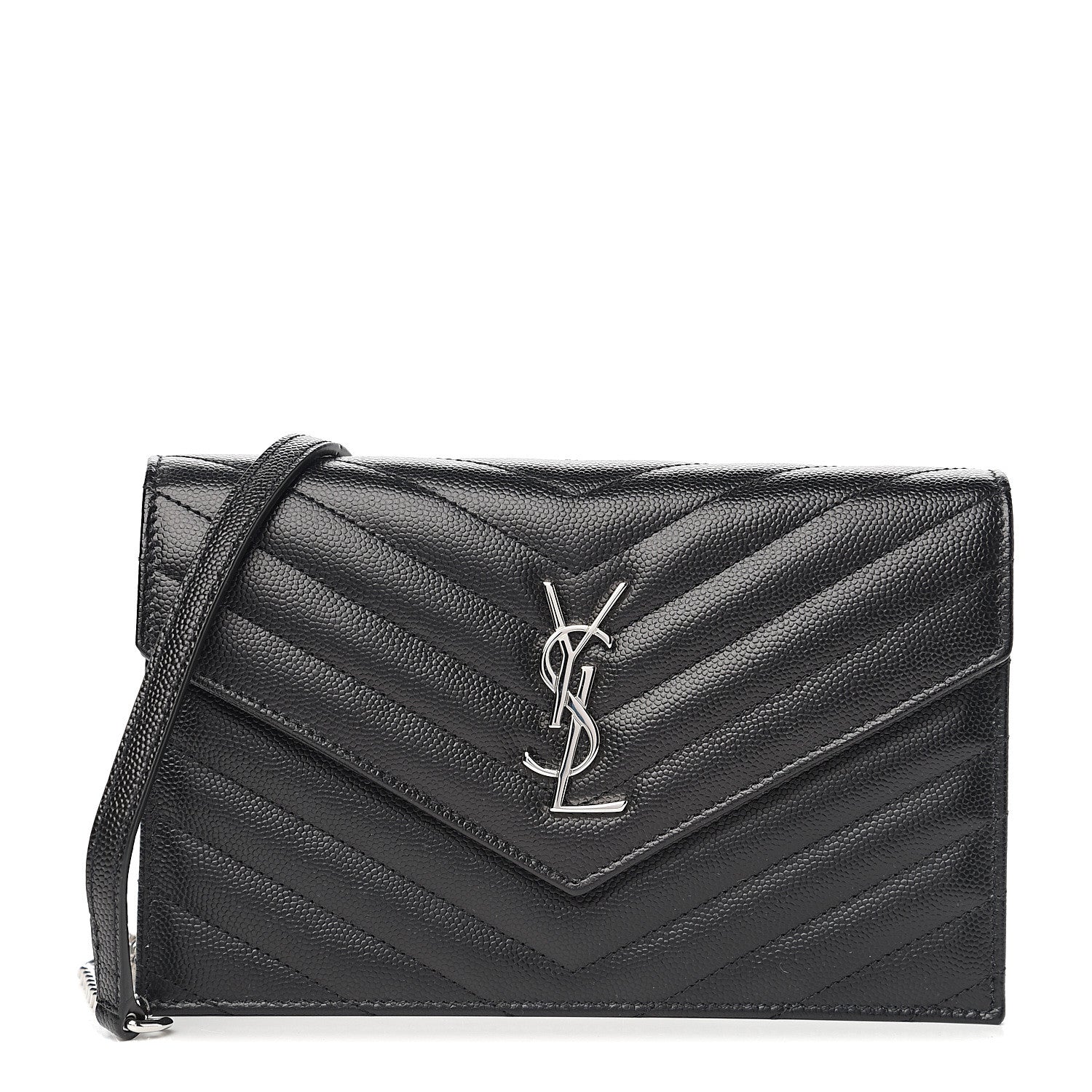 Saint Laurent Grain De Poudre Matelasse Chevron Monogram Envelope Chain Wallet Black 1 of 8